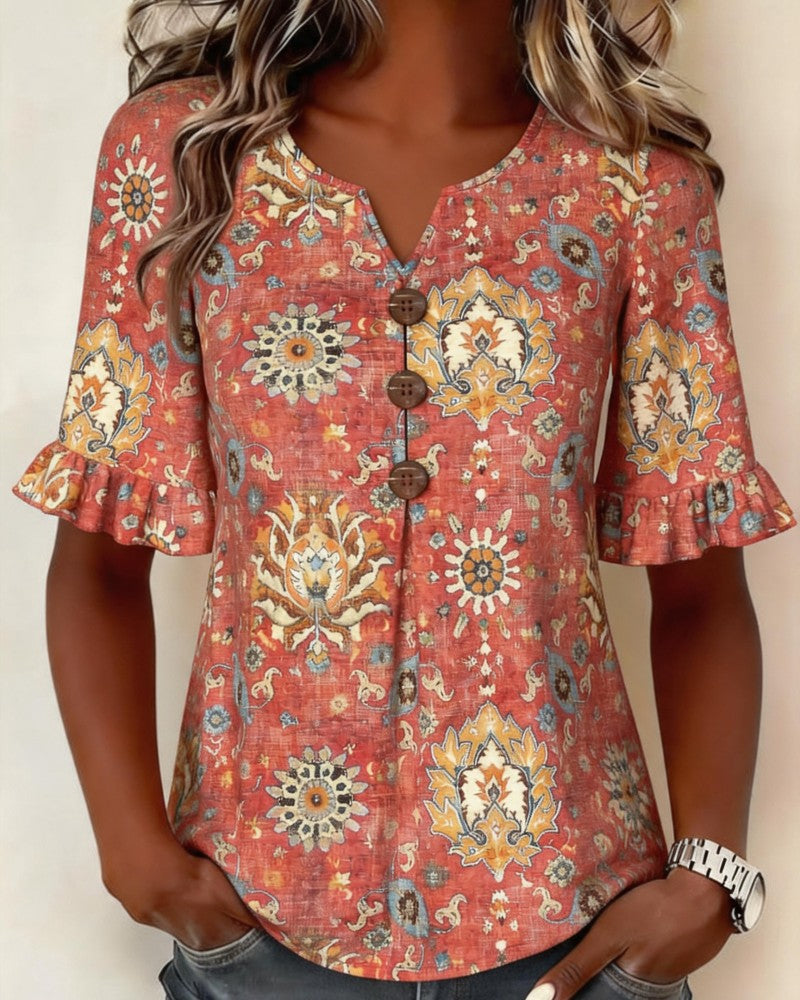 Blouse Imprimé Ethnique Manche Volantée