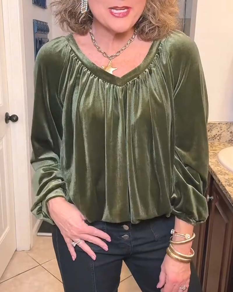 Blouse Col En V Froncée Découpe Manches Longues