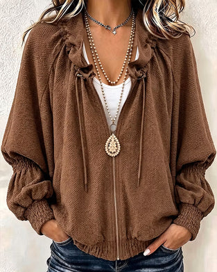 Manteau Texturé Décontracté Fermeture Éclair Plissé