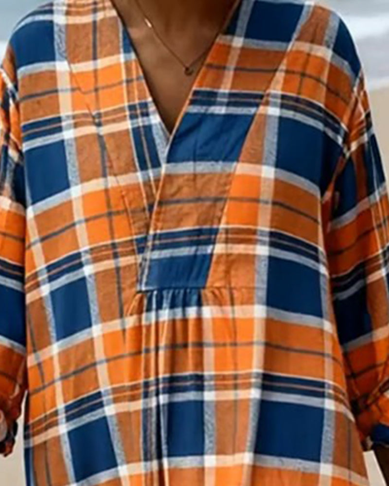 Robe Large À Col En V À Carreaux