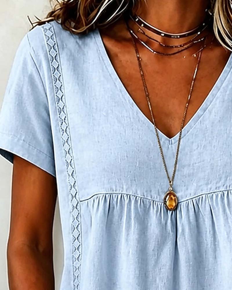 Blouse Col V Froncé Manche Courte