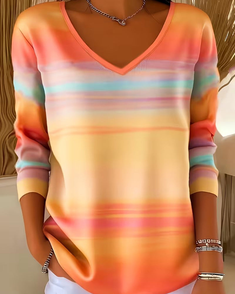 Sweatshirt Arc-En-Ciel Ombre Rayure Horizontale Col V