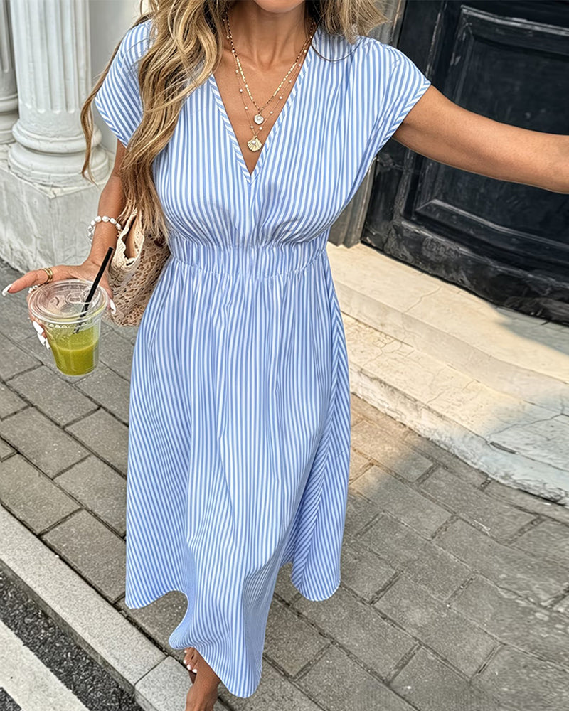 Robe Col En V Rayée Taille Cintrée