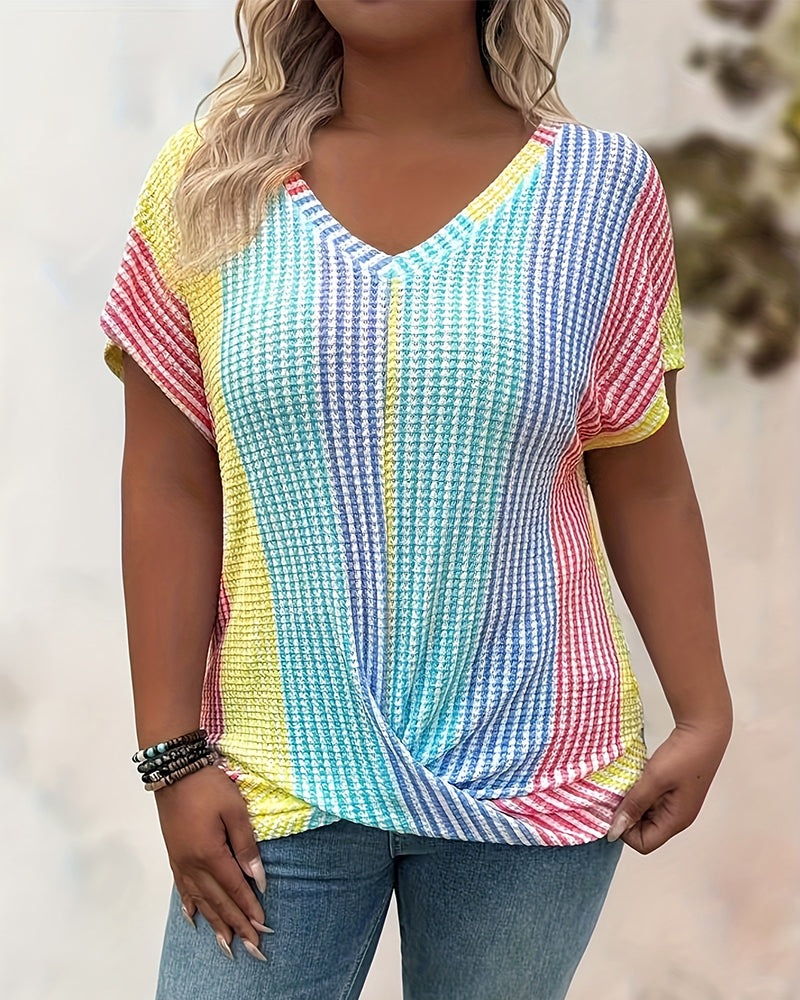 T-Shirt Contraste Couleur Nœud Torsadé Col V