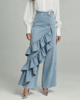 Pantalon En Denim Tendance Bord Volanté