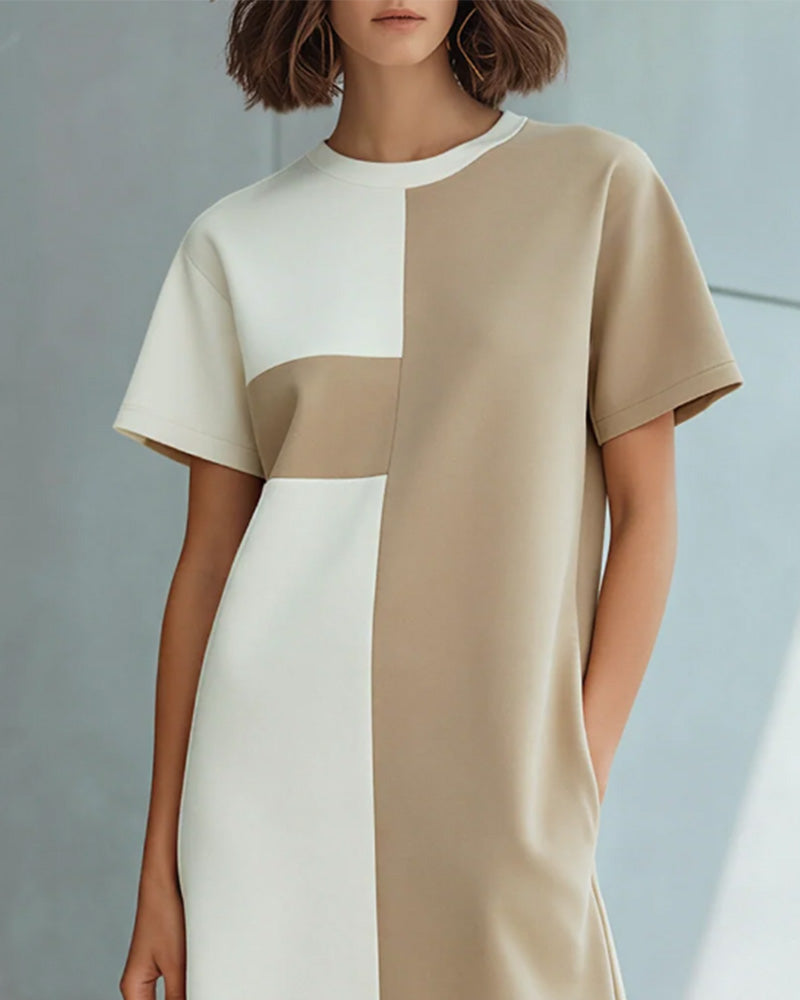 Robe Color-Block Manche Courte Fente Mi-Longueur