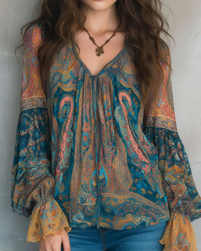 Blouse À Col V De Style Bohème À Manches Évasées