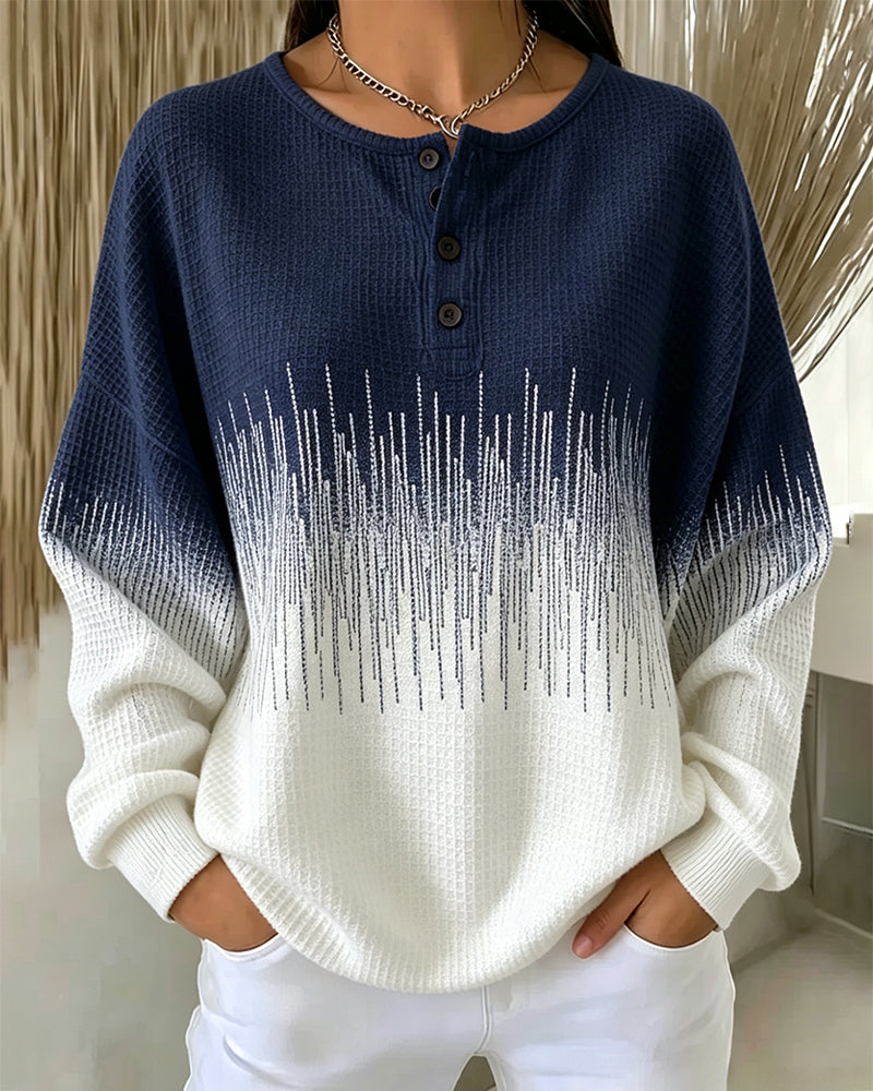 Sweatshirt Col Rond Bouton Tricot Gaufré Bloc De Couleur