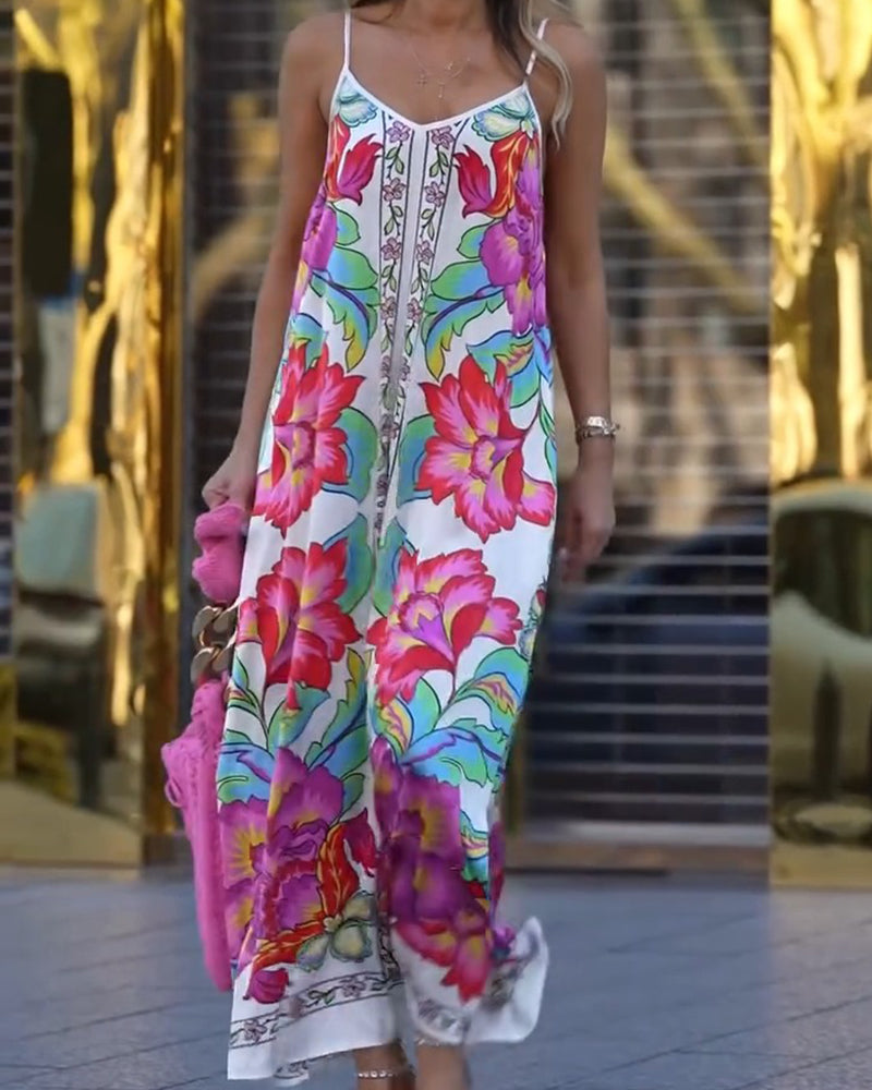 Robe Colorée Imprimé Floral Bretelles Longue