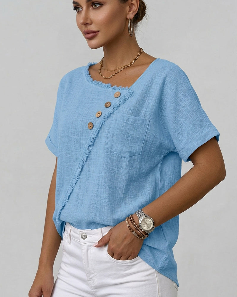 Blouse Bord Brut Coupe Bias Bouton Manches Courtes