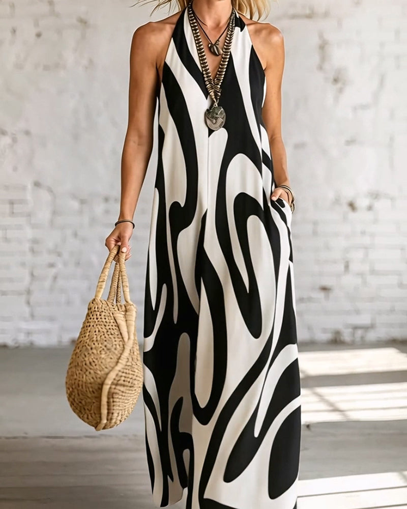 Robe Col V Sans Manches Motif Géométrique