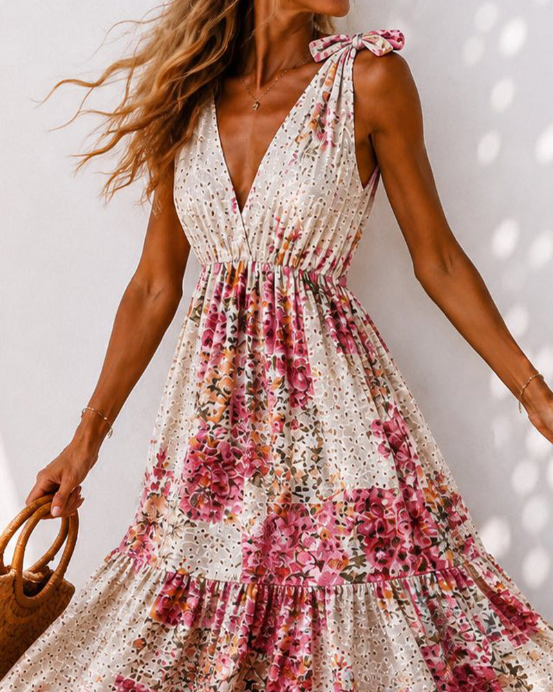 Robe Florale Attache Col V Superposée