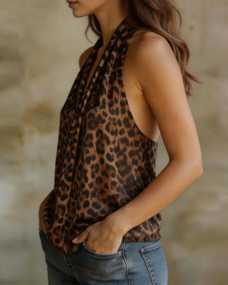 Blouse Col V Halter Léopard Sans Manches