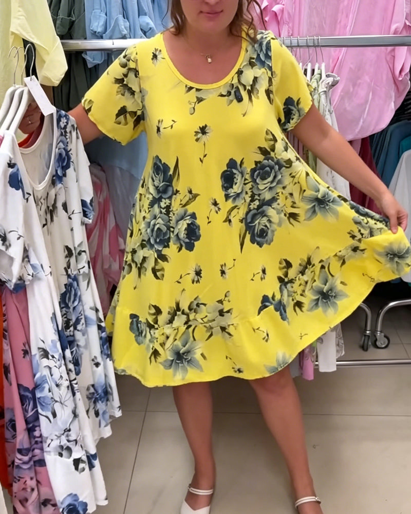 Robe Col Rond Florale A-Ligne