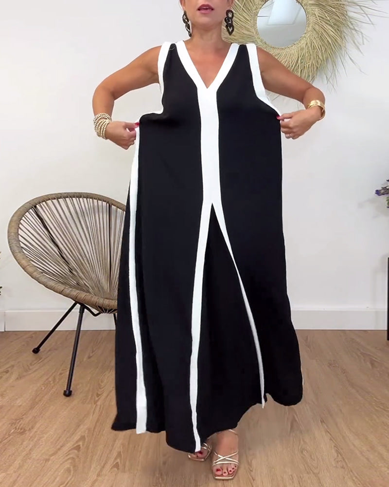 Robe sans manches à col en V à imprimé contrasté à la mode