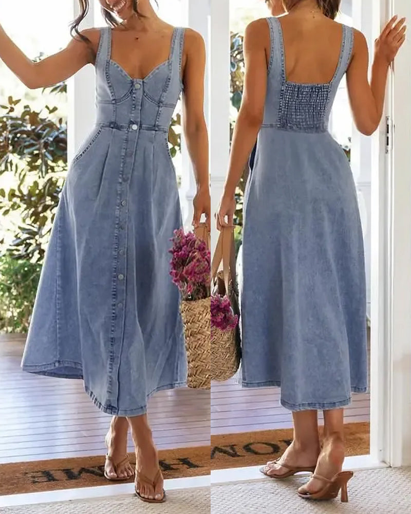 Robe Bretelle Spaghetti Bouton Taille Cintrée Denim