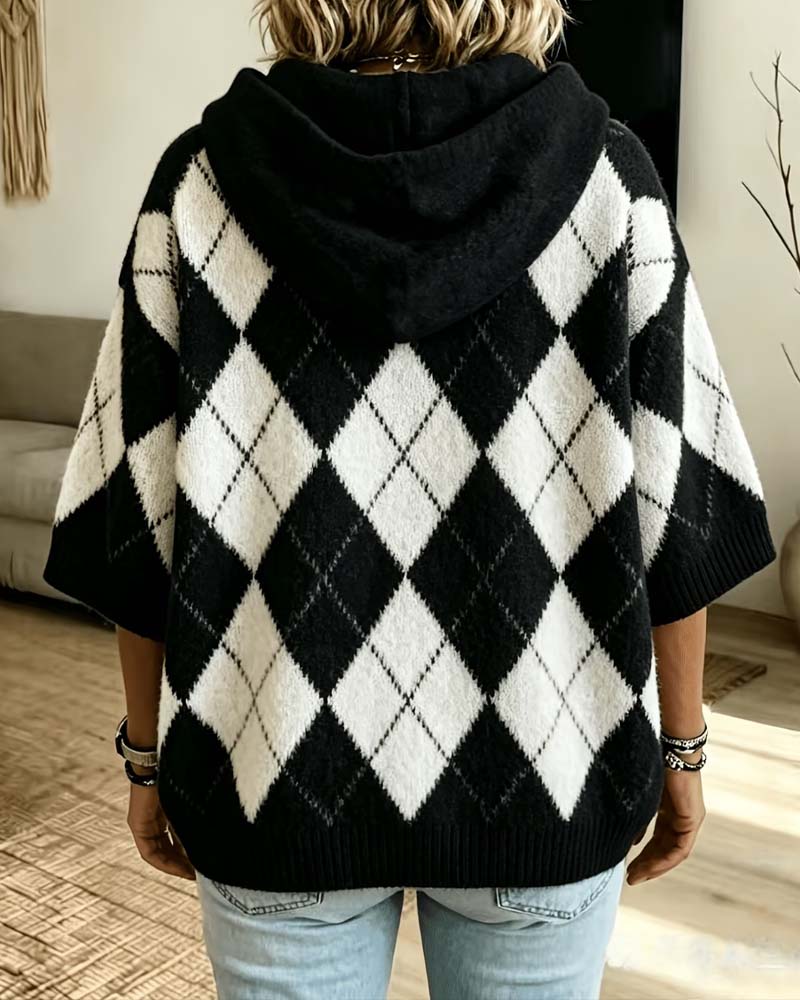 Pull À Capuche Plaid Manches Trois-Quarts