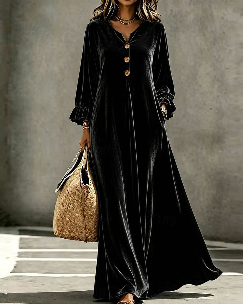 Robe Col En V Bordure Volantée Manches Longues Velours