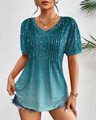 T-Shirt Col En V Décontracté Imprimé À Manches Courtes