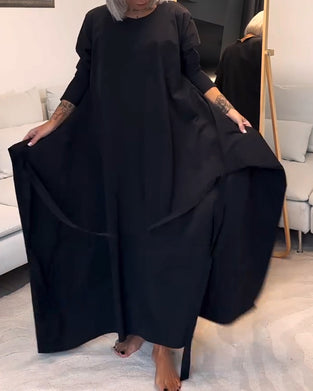 Robe plissée à lacets de couleur unie à la mode avec col rond