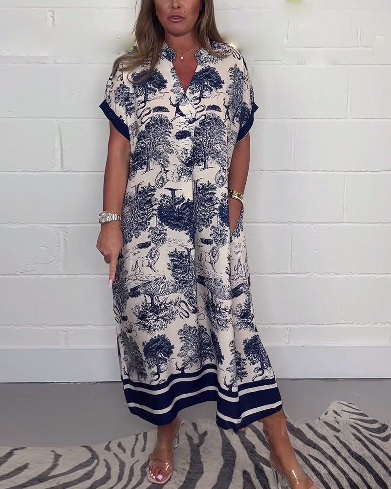 Robe à poche col V imprimé animal