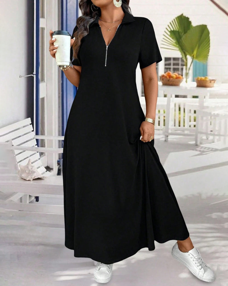Robe Manche Courte Unie Fermeture Éclair Maxi