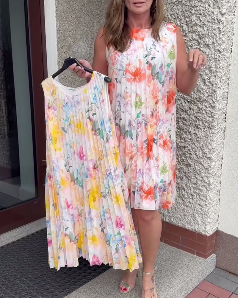 Robe Sans Manches Plissée Fleurie