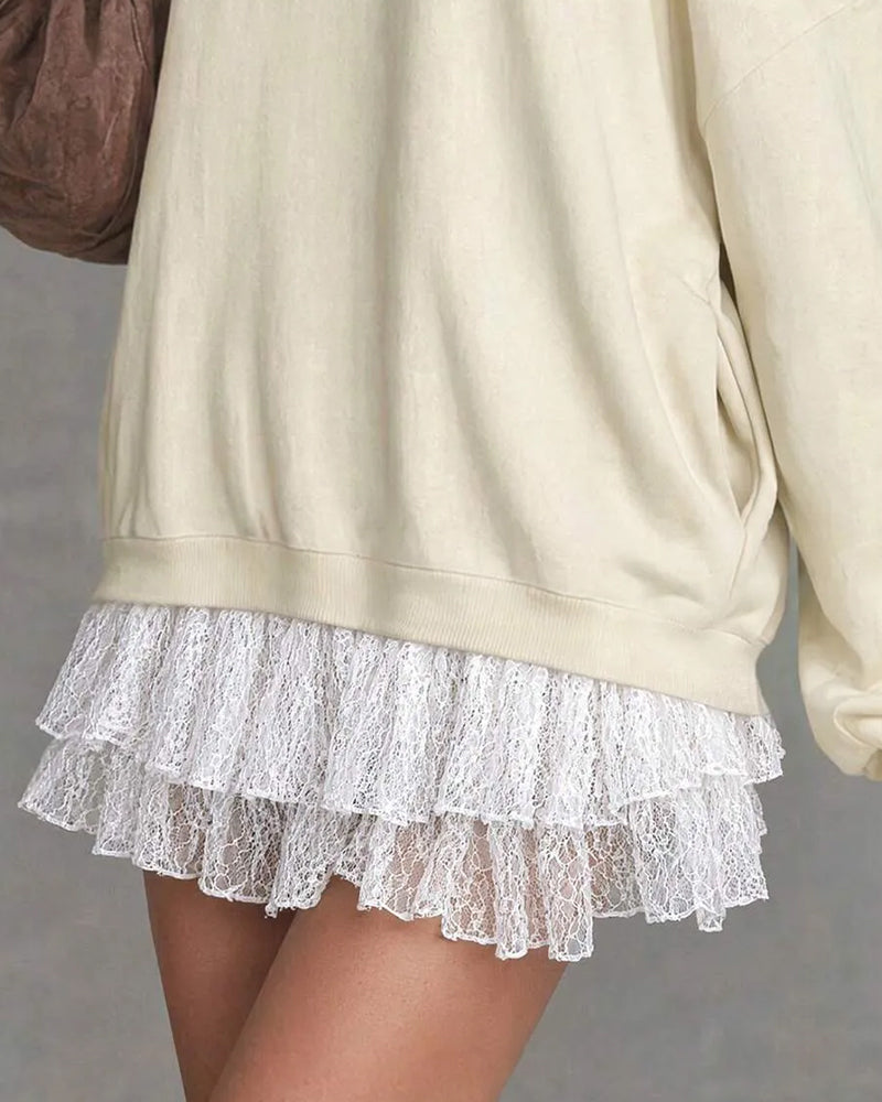 Robe Cold Shoulder Manche Lanterne Dentelle Patchwork