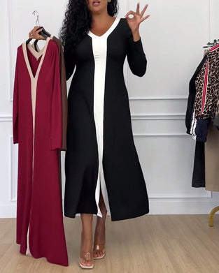 Robe élégante fendue à col en V de couleur contrastée