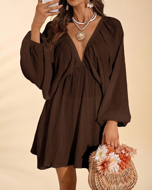 Robe Col En V Froncé Manche Bouffante Ample