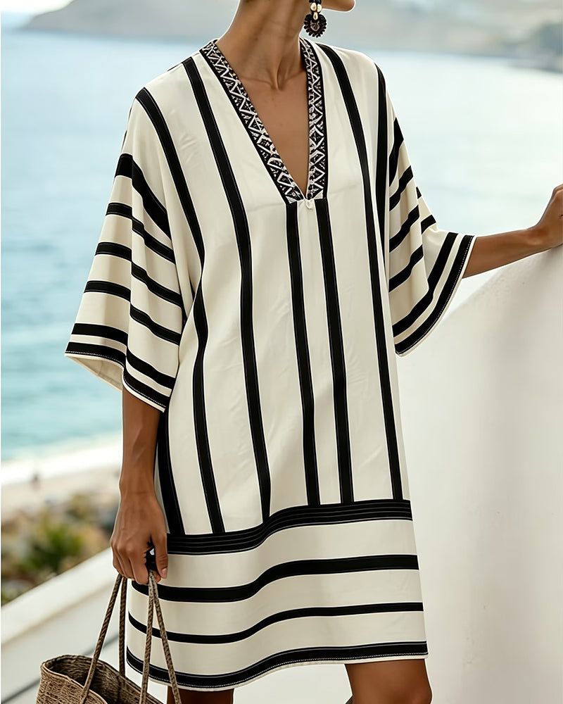 Robe Bloc Couleur Noir Rayure Verticale Col V