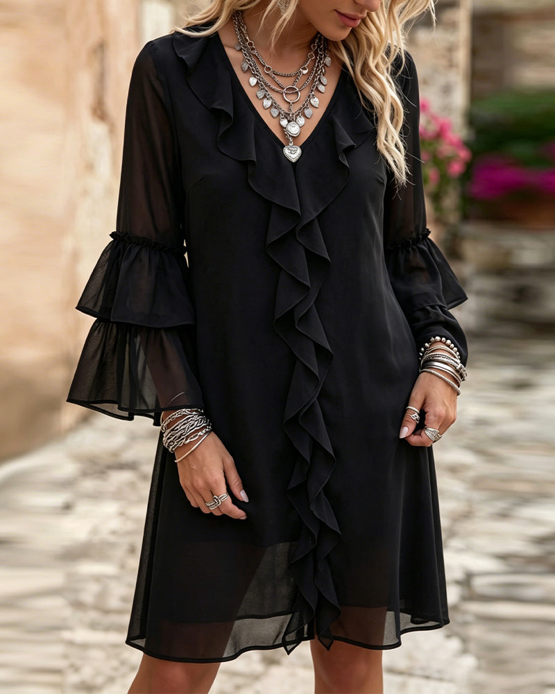 Robe Ruffle Manche Évasée Col V
