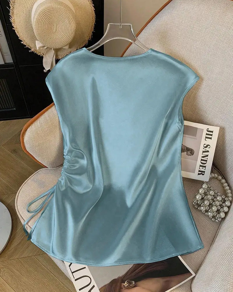 Blouse Sans Manches Col V À Cordon