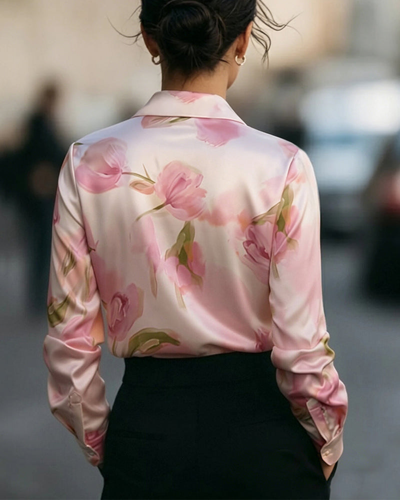 Blouse Revers Col En V Imprimé Fleuri Manches Longues