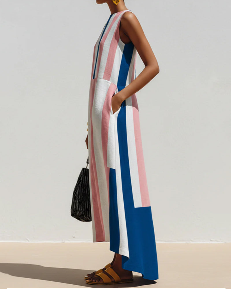 Robe Col Rond Bloc Couleur Rayure Verticale Sans Manches