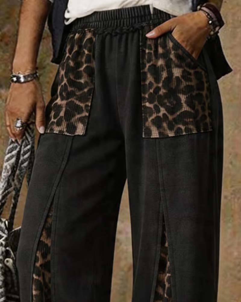 Pantalon Imprimé Léopard Large Patchwork Décontracté