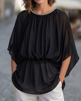 Blouse Unicolore À Manches Chauve-Souris Et Taille Cintrée