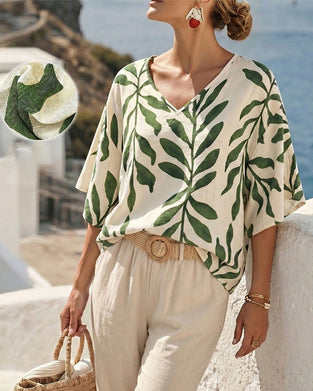 Blouse Col En V Demi-Manches Imprimé Feuille