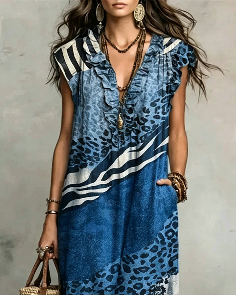 Robe Col En V Volant Motif Patchwork