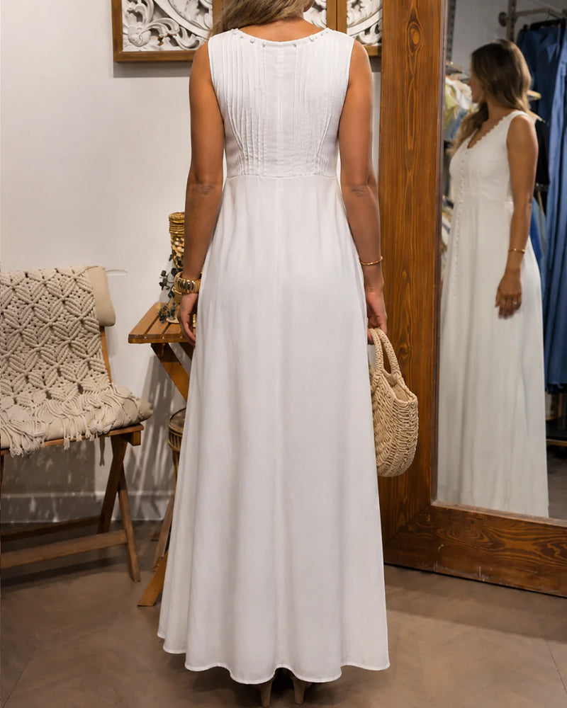Robe Sans Manches Bouton Devant Blanc Maxi