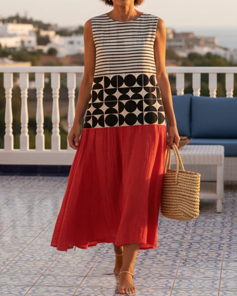 Robe Géométrique Imprimé Contraste Sans Manches
