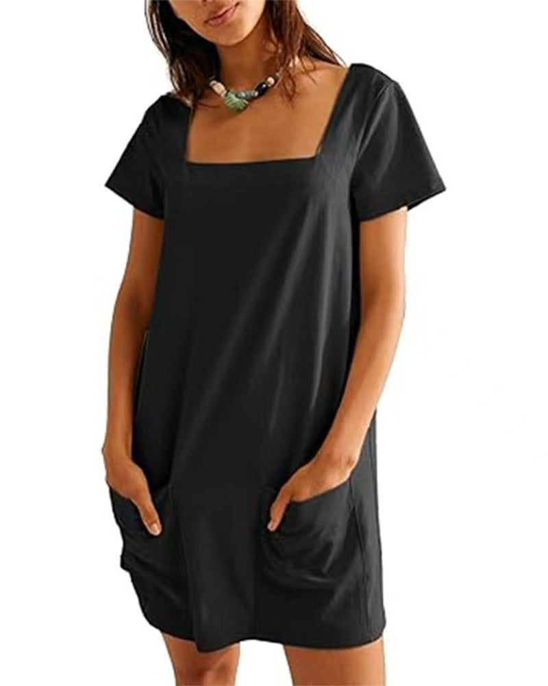 Robe Col Carré Manches Courtes Poche