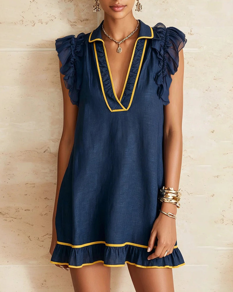 Robe Revers Bloc De Couleur Volant Manche