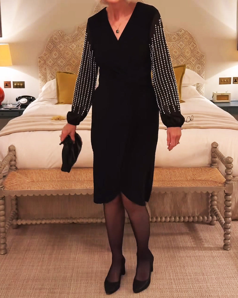 Robe Col En V Manches Longues Taille Cintrée Midi
