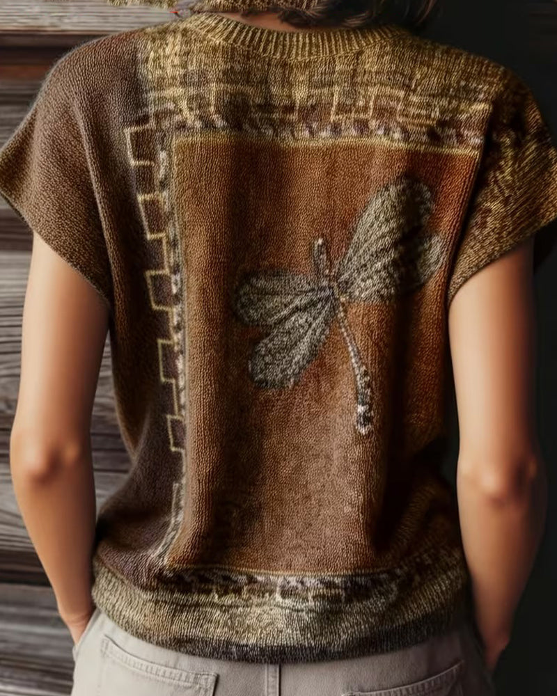 Pull-Over Imprimé Libellule Col Rond Manches Courtes