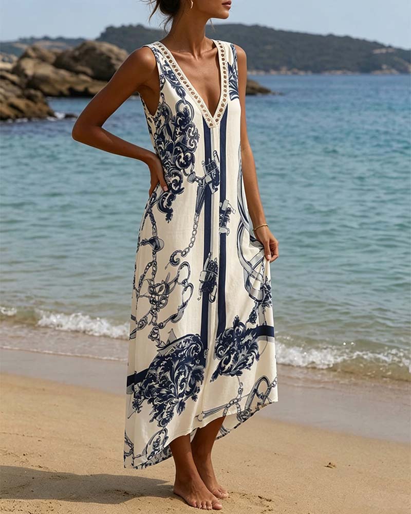 Robe Col-V Sans Manches Imprimée