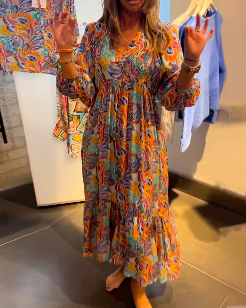 Robe longue trapèze imprimée à col en V