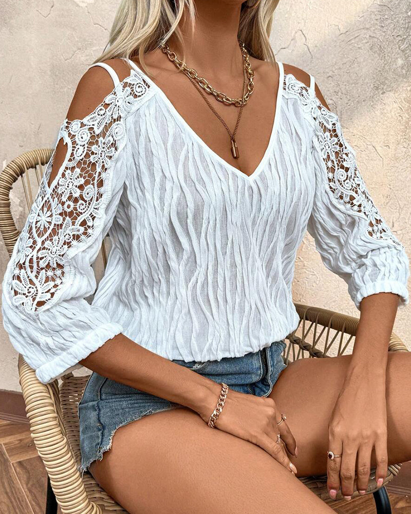 Blouse Dentelle Hors Épaule Froncée Texturée