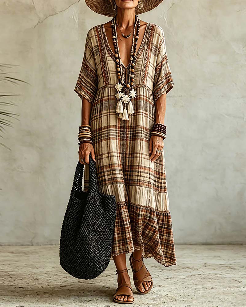 Robe Col V Carreau Patchwork