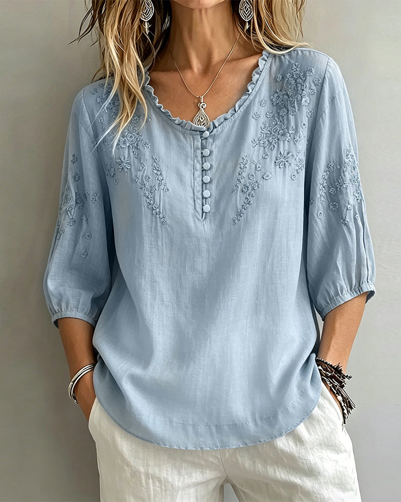 Blouse Broderie Manche 3/4 Unie